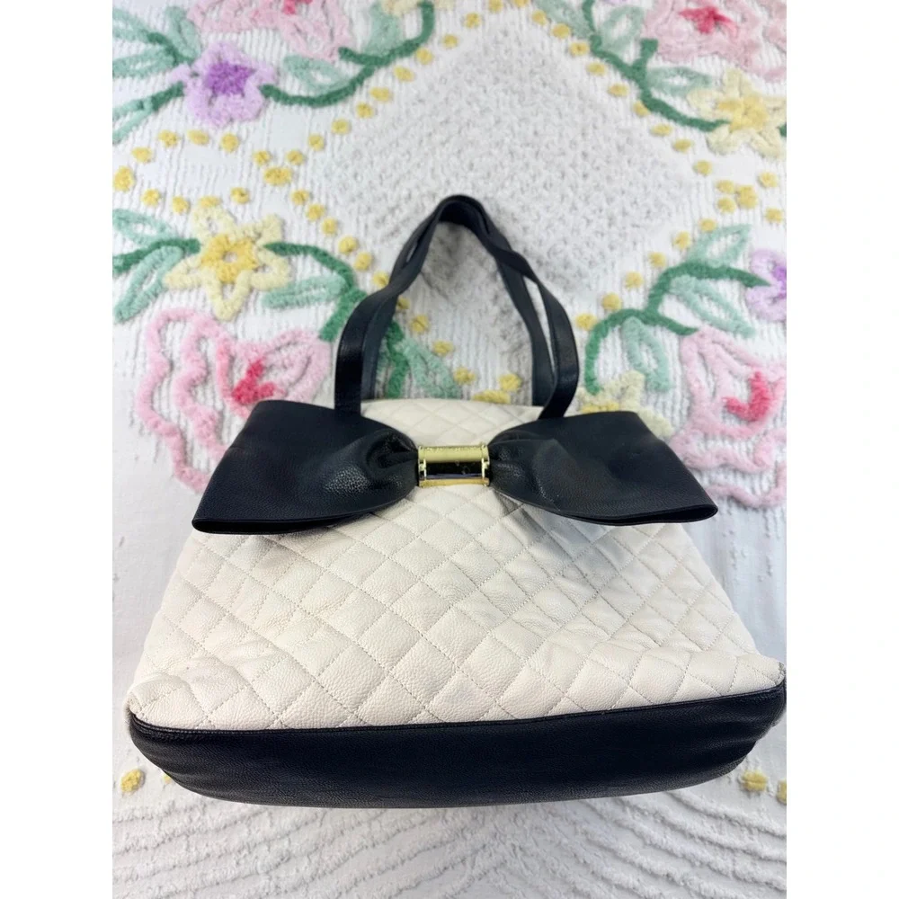 Betsey Johnson Quilted Satchel Bag Cream Black Bow Gold Hardware Medium Tote